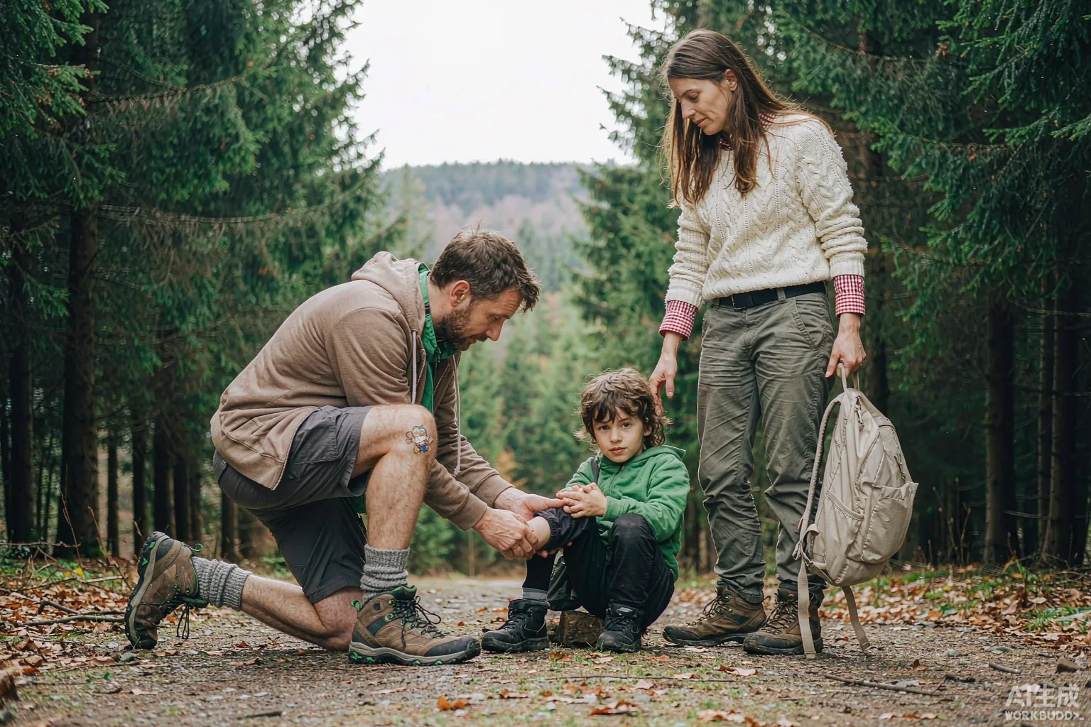 Familie beim Wandern auf einem Waldweg im Bayerischen Wald